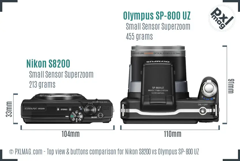 Nikon S8200 vs Olympus SP-800 UZ top view buttons comparison Nikon S8200 vs Olympus SP-800 UZ top view buttons comparison