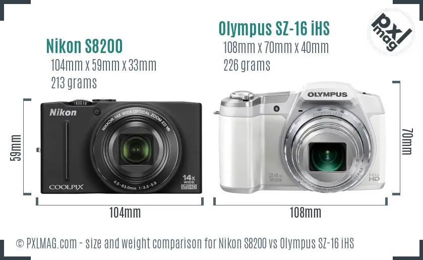 Nikon S8200 vs Olympus SZ-16 iHS size comparison