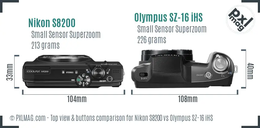 Nikon S8200 vs Olympus SZ-16 iHS top view buttons comparison