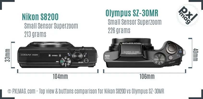 Nikon S8200 vs Olympus SZ-30MR top view buttons comparison Nikon S8200 vs Olympus SZ-30MR top view buttons comparison