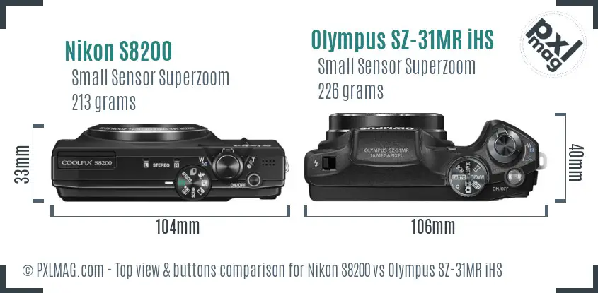 Nikon S8200 vs Olympus SZ-31MR iHS top view buttons comparison