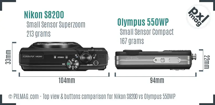Nikon S8200 vs Olympus 550WP top view buttons comparison Nikon S8200 vs Olympus 550WP top view buttons comparison