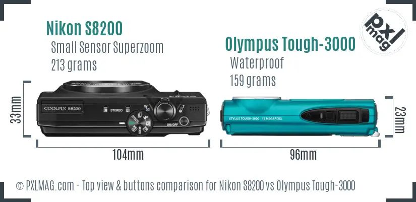 Nikon S8200 vs Olympus Tough-3000 top view buttons comparison Nikon S8200 vs Olympus Tough-3000 top view buttons comparison