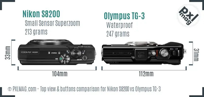 Nikon S8200 vs Olympus TG-3 top view buttons comparison Nikon S8200 vs Olympus TG-3 top view buttons comparison