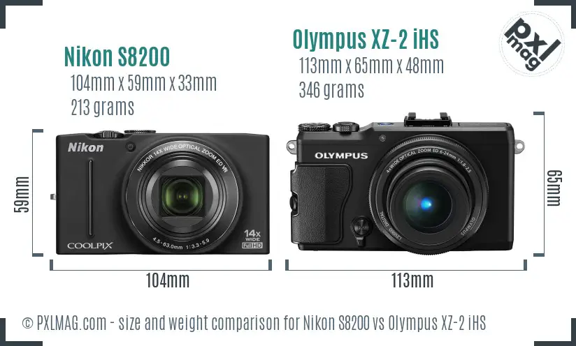 Nikon S8200 vs Olympus XZ-2 iHS size comparison Nikon S8200 vs Olympus XZ-2 iHS size comparison