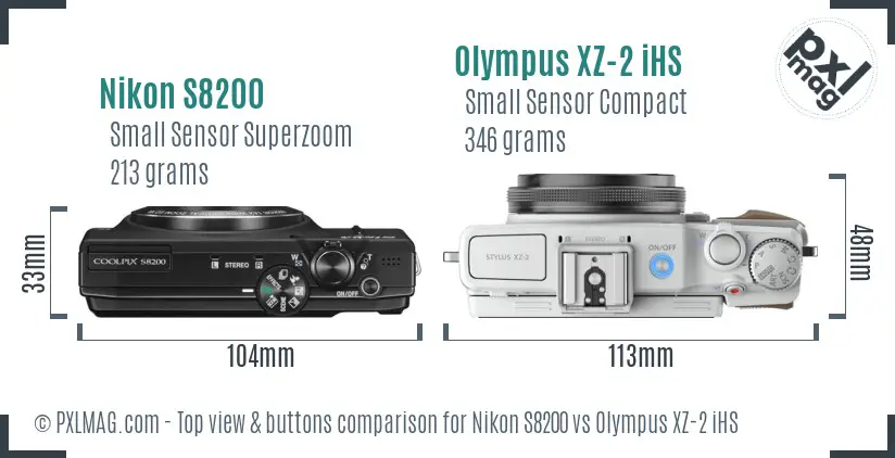 Nikon S8200 vs Olympus XZ-2 iHS top view buttons comparison Nikon S8200 vs Olympus XZ-2 iHS top view buttons comparison