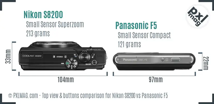 Nikon S8200 vs Panasonic F5 top view buttons comparison