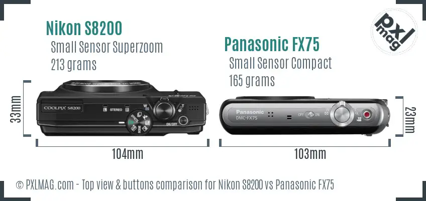 Nikon S8200 vs Panasonic FX75 top view buttons comparison