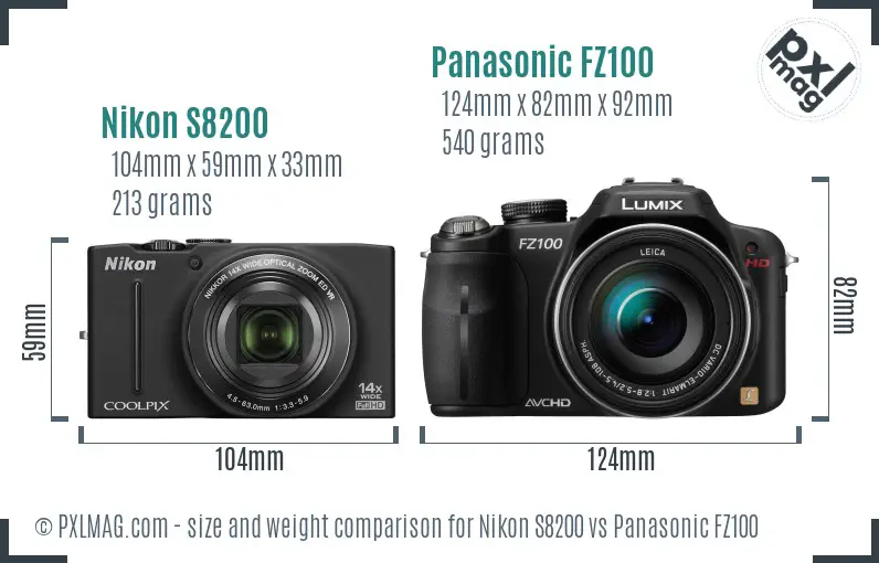 Nikon S8200 and Panasonic FZ100 side by side for size and ergonomic comparison