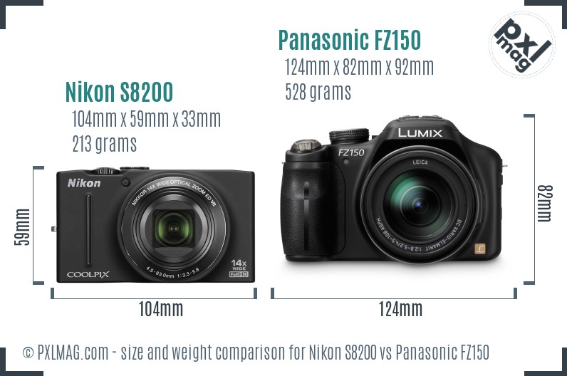 Nikon S8200 vs Panasonic FZ150 size comparison