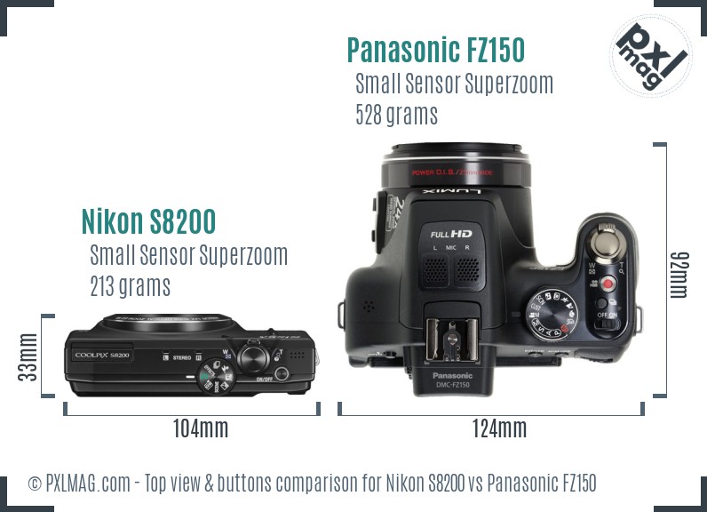 Nikon S8200 vs Panasonic FZ150 top view buttons comparison