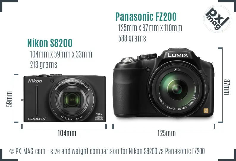 Nikon S8200 vs Panasonic FZ200 size comparison