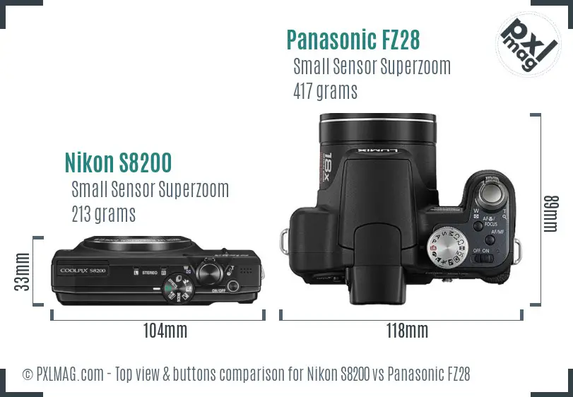 Nikon S8200 vs Panasonic FZ28 top view buttons comparison Nikon S8200 vs Panasonic FZ28 top view buttons comparison