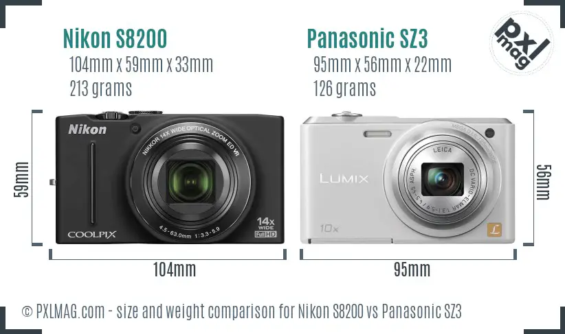 Nikon S8200 vs Panasonic SZ3 size comparison