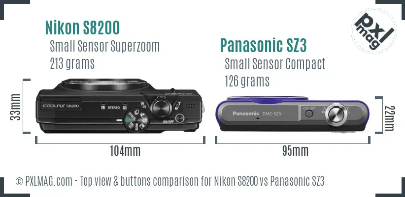 Nikon S8200 vs Panasonic SZ3 top view buttons comparison