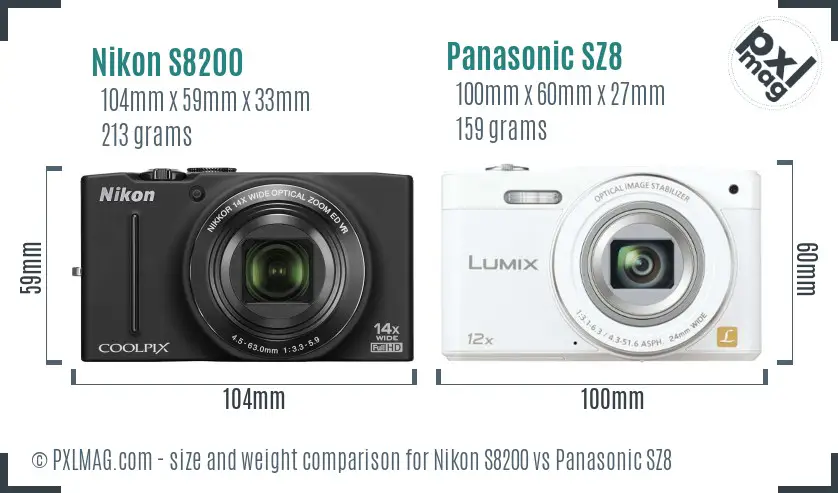 Nikon S8200 vs Panasonic SZ8 size comparison