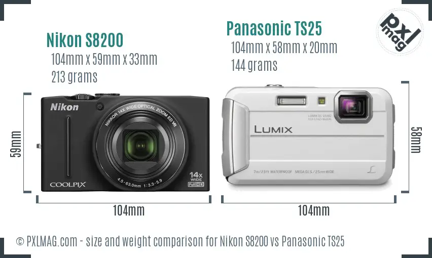 Nikon S8200 vs Panasonic TS25 size comparison