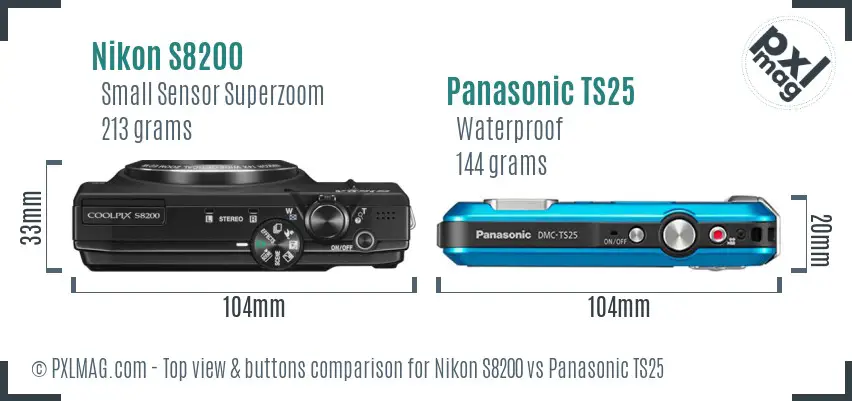 Nikon S8200 vs Panasonic TS25 top view buttons comparison