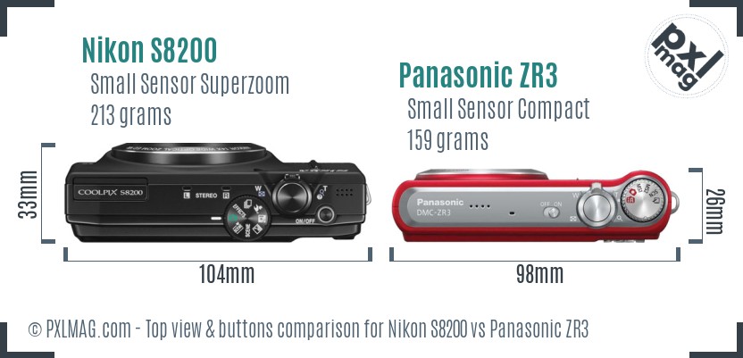 Nikon S8200 vs Panasonic ZR3 top view buttons comparison