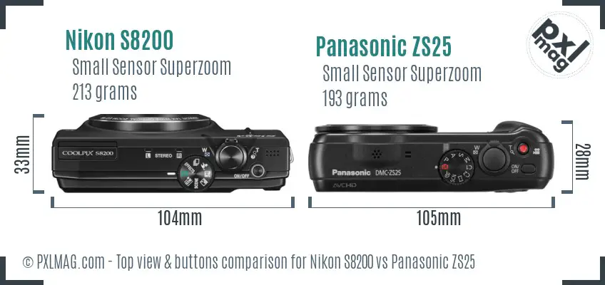 Nikon S8200 vs Panasonic ZS25 top view buttons comparison