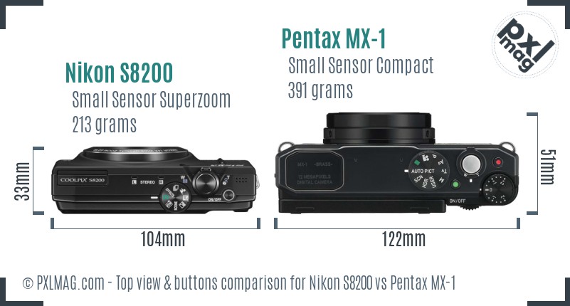Nikon S8200 vs Pentax MX-1 top view buttons comparison