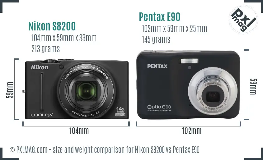 Nikon S8200 vs Pentax E90 size comparison