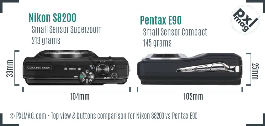 Nikon S8200 vs Pentax E90 top view buttons comparison