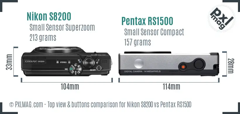Nikon S8200 vs Pentax RS1500 top view buttons comparison Nikon S8200 vs Pentax RS1500 top view buttons comparison