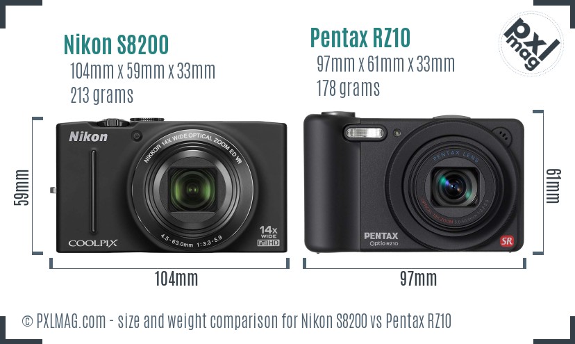 Nikon S8200 vs Pentax RZ10 size comparison Nikon S8200 vs Pentax RZ10 size comparison