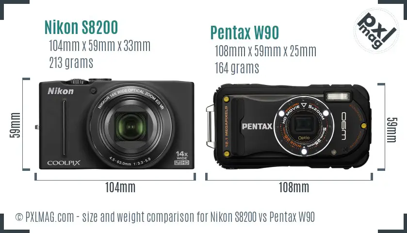 Nikon S8200 vs Pentax W90 size comparison