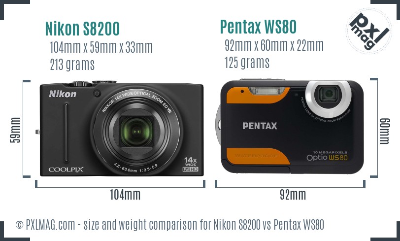 Nikon S8200 vs Pentax WS80 size comparison