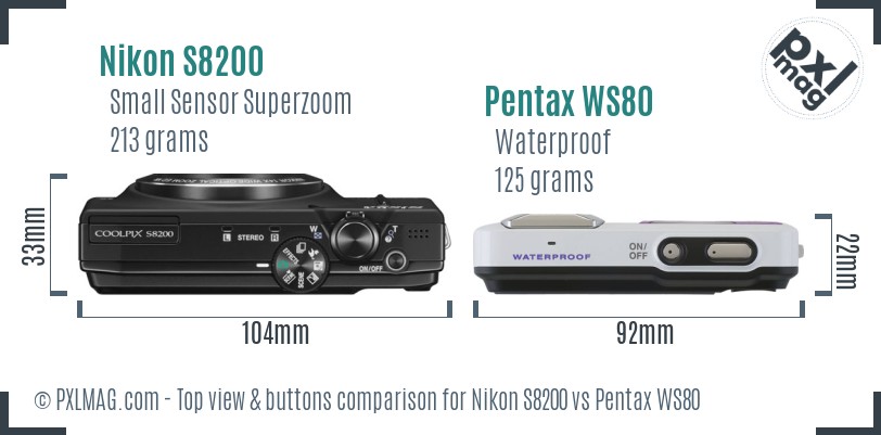 Nikon S8200 vs Pentax WS80 top view buttons comparison