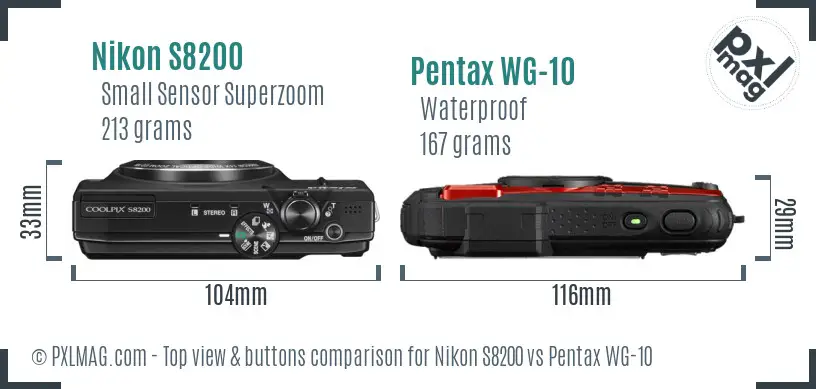 Nikon S8200 vs Pentax WG-10 top view buttons comparison Nikon S8200 vs Pentax WG-10 top view buttons comparison