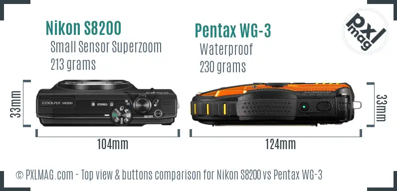Nikon S8200 vs Pentax WG-3 top view buttons comparison Nikon S8200 vs Pentax WG-3 top view buttons comparison