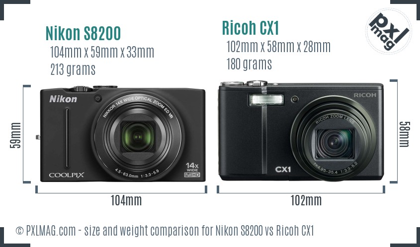 Nikon S8200 vs Ricoh CX1 size comparison