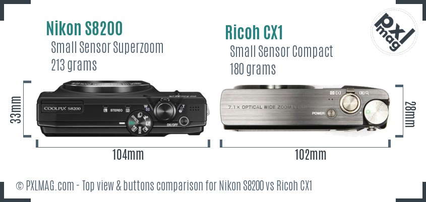 Nikon S8200 vs Ricoh CX1 top view buttons comparison