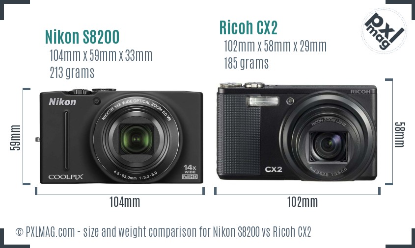 Nikon S8200 vs Ricoh CX2 size comparison