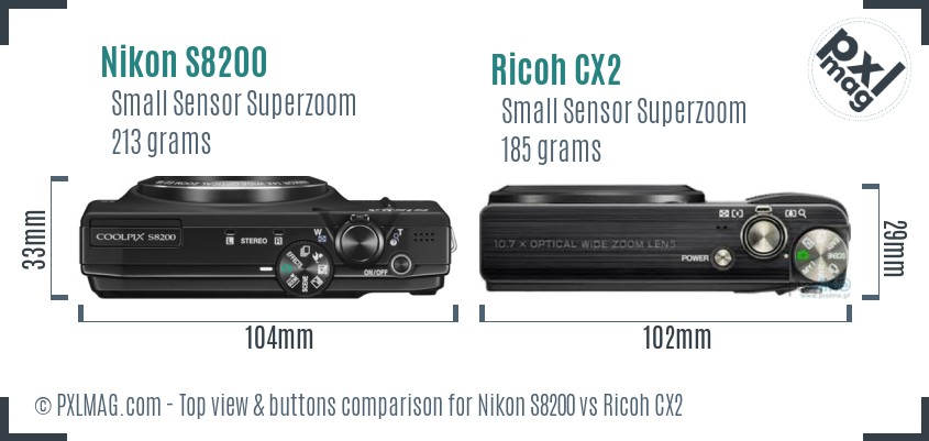 Nikon S8200 vs Ricoh CX2 top view buttons comparison
