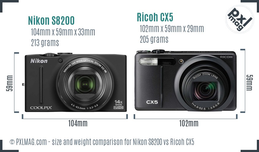 Nikon S8200 vs Ricoh CX5 size comparison