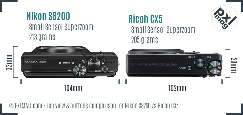 Nikon S8200 vs Ricoh CX5 top view buttons comparison