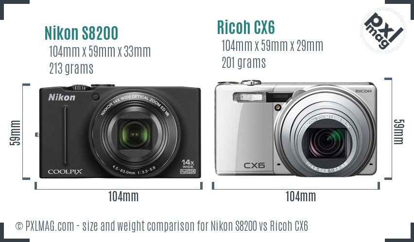 Nikon S8200 vs Ricoh CX6 size comparison