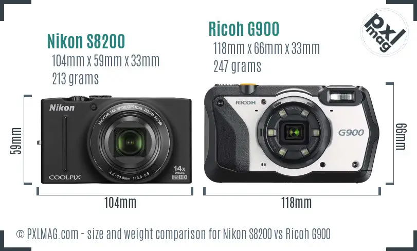 Nikon S8200 vs Ricoh G900 size comparison