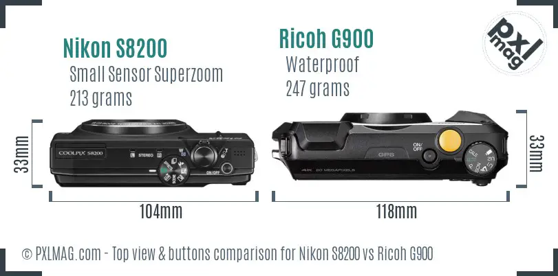 Nikon S8200 vs Ricoh G900 top view buttons comparison