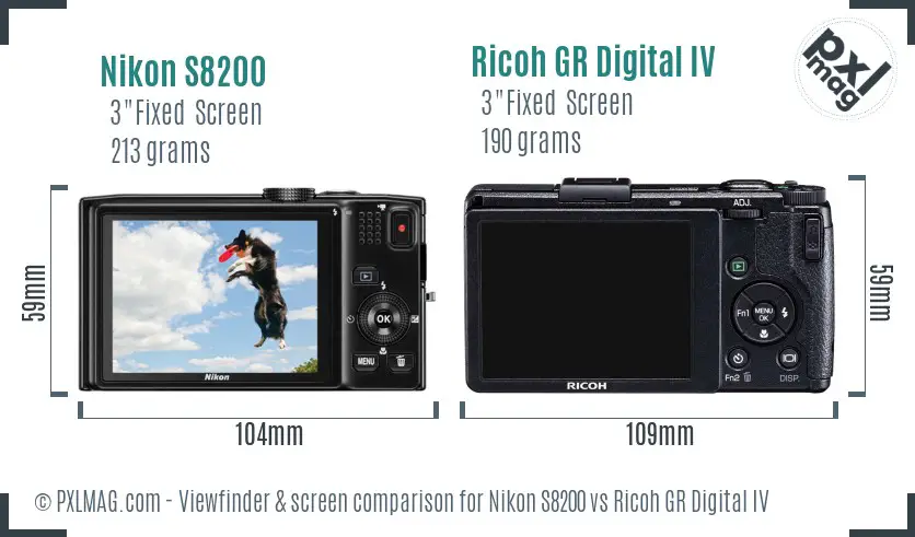 Nikon S8200 vs Ricoh GR Digital IV Screen and Viewfinder comparison