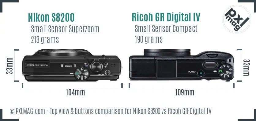 Nikon S8200 vs Ricoh GR Digital IV top view buttons comparison