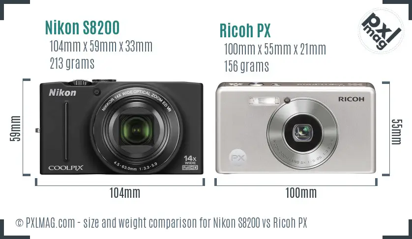 Nikon S8200 vs Ricoh PX size comparison