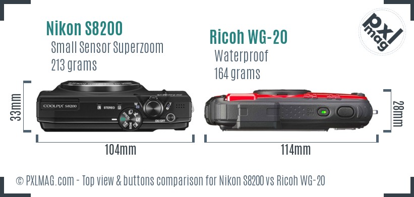 Nikon S8200 vs Ricoh WG-20 top view buttons comparison