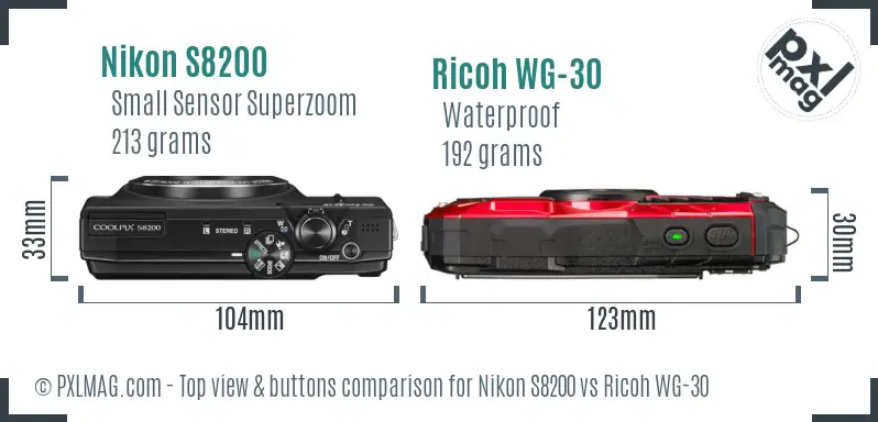 Nikon S8200 vs Ricoh WG-30 top view buttons comparison