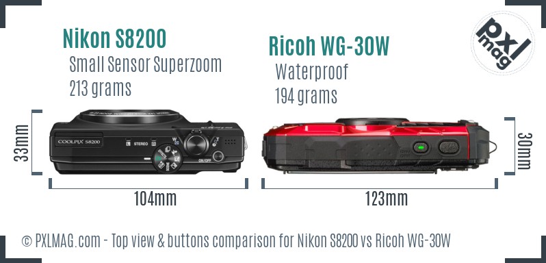 Nikon S8200 vs Ricoh WG-30W top view buttons comparison