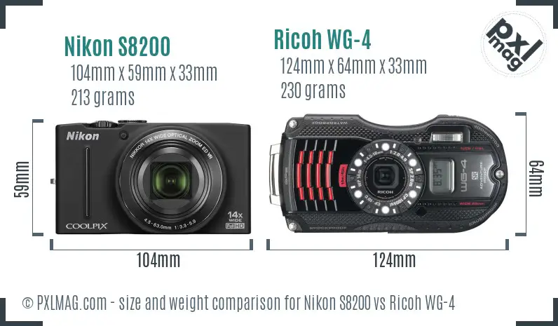 Nikon S8200 vs Ricoh WG-4 size comparison